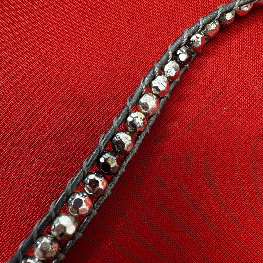 Button Closure Necklace Gray With Silver Tone And Black Beads